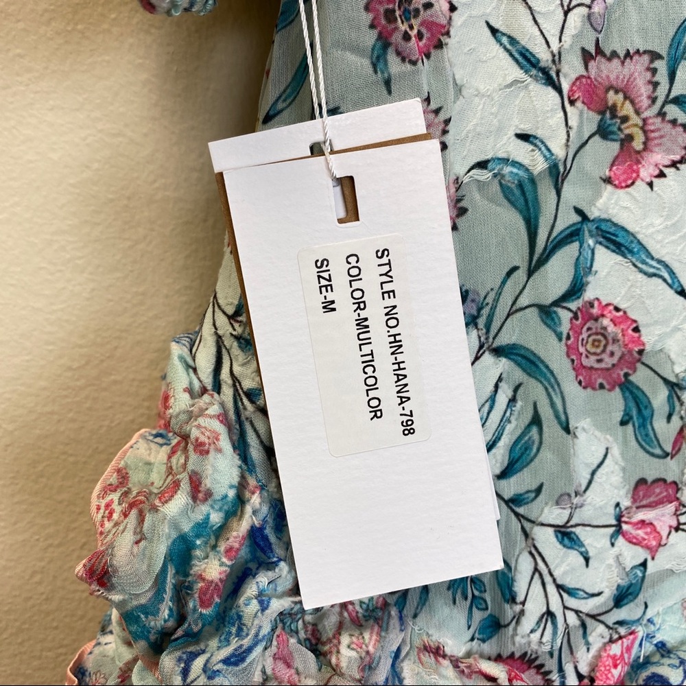 Hemant and Nandita Floral Ruffled Asymmetric Midi Dress in White, Pink, Blue - Picture 12 of 14